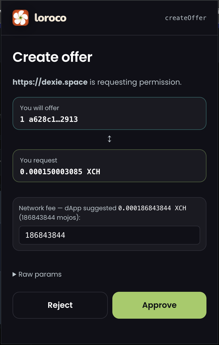 createOffer approval dialog from dexie.space showing offered coin, requested XCH and network fee