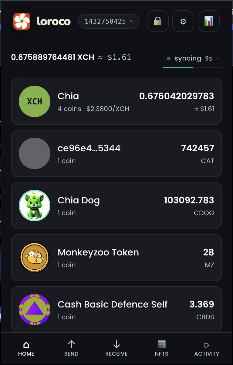 Home tab showing XCH, CAT and NFT token balances