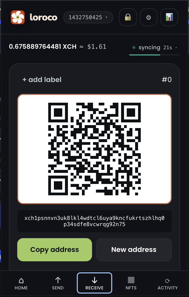 Receive tab with QR code and bech32m address