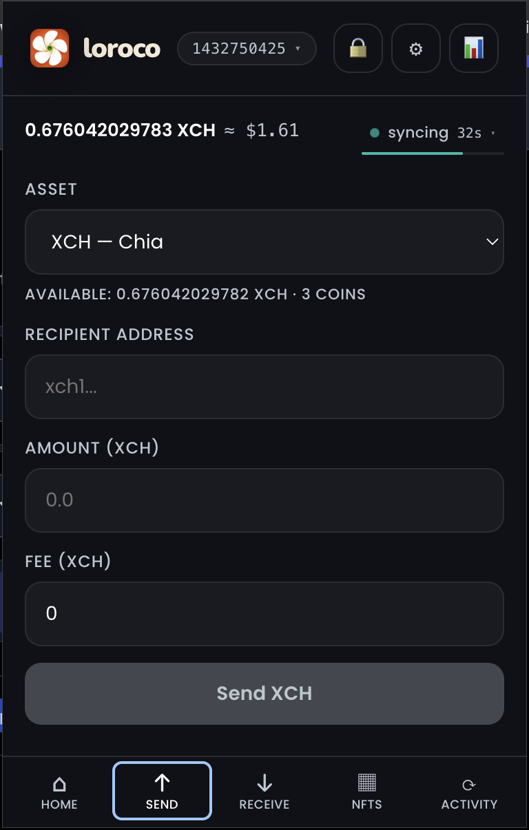 Send tab with asset picker, recipient, amount and fee fields